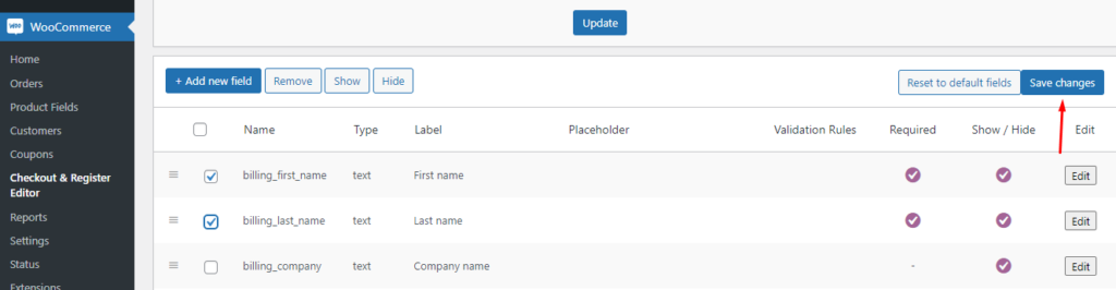 woocommerce checkout regsiter field editor save button